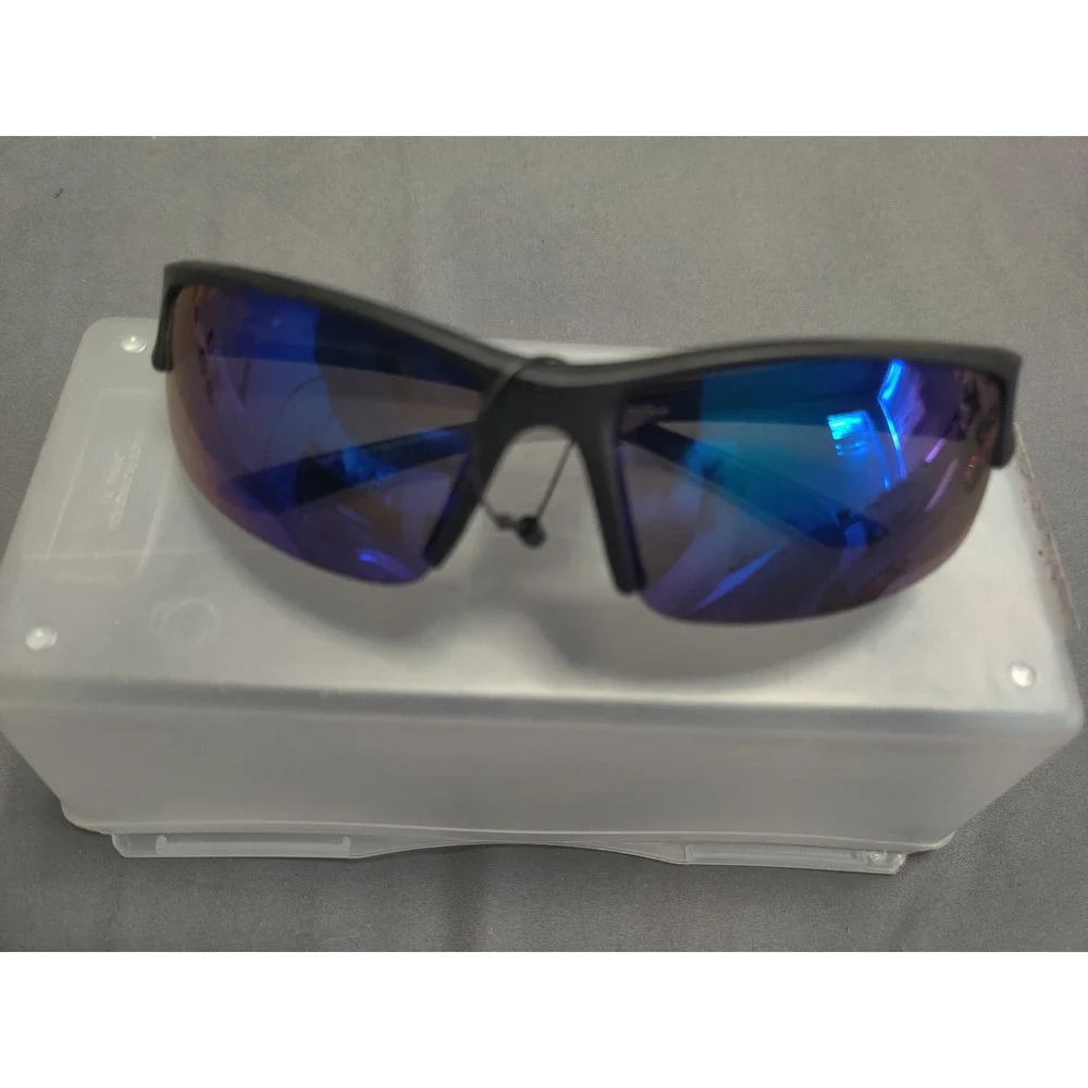 Mens Sport Wrap Sunglasses Matte Black Blue Mirrored Lens UV400 Athletic Shades